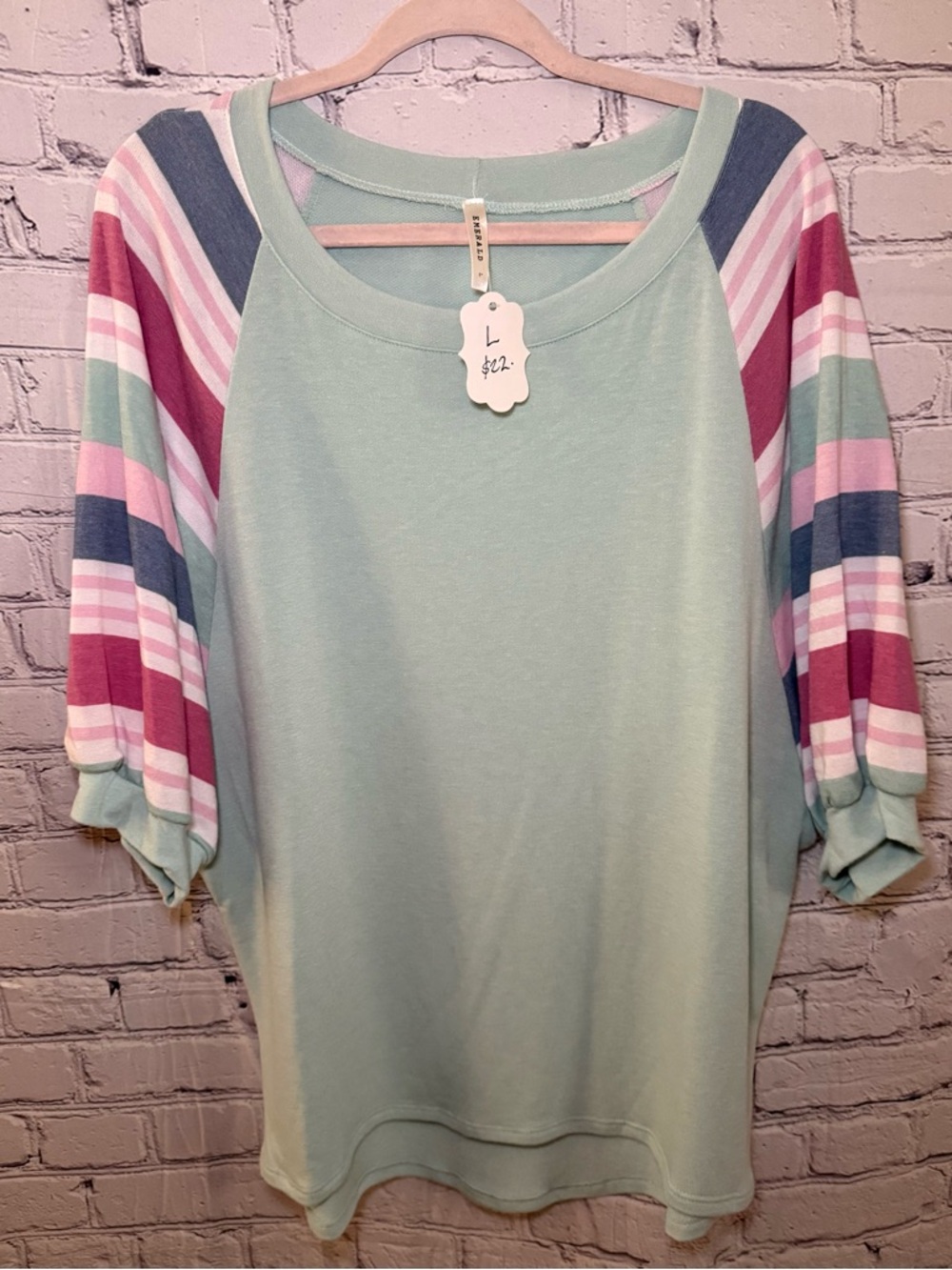 Emerald Mint top with Striped Puff Sleeves